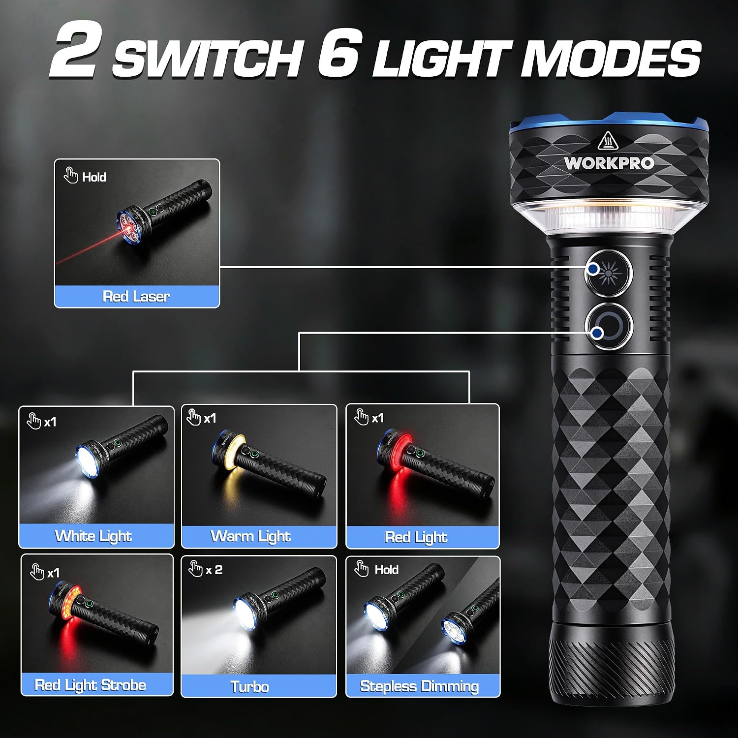 Black handheld flashlight with control buttons and bright head glow, compact design