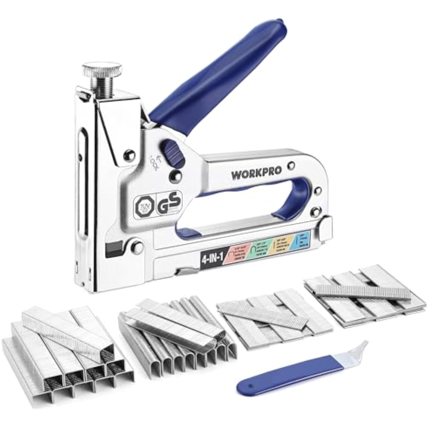 Blue-and-white 4-in-1 manual staple gun with included staples and loading tool