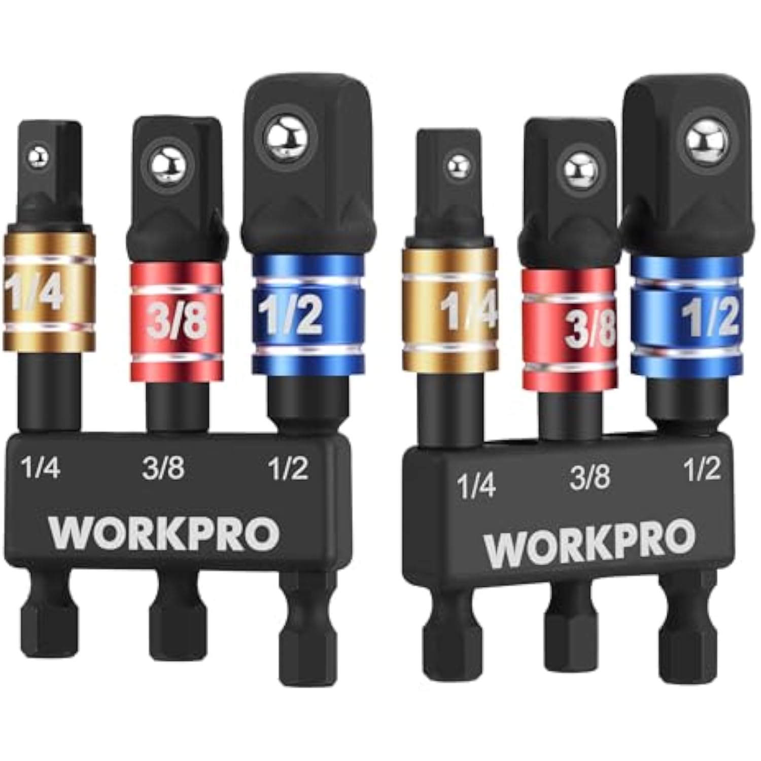 Two-row socket adapter set with 1/4, 3/8, and 1/2 drive adapters in black holder