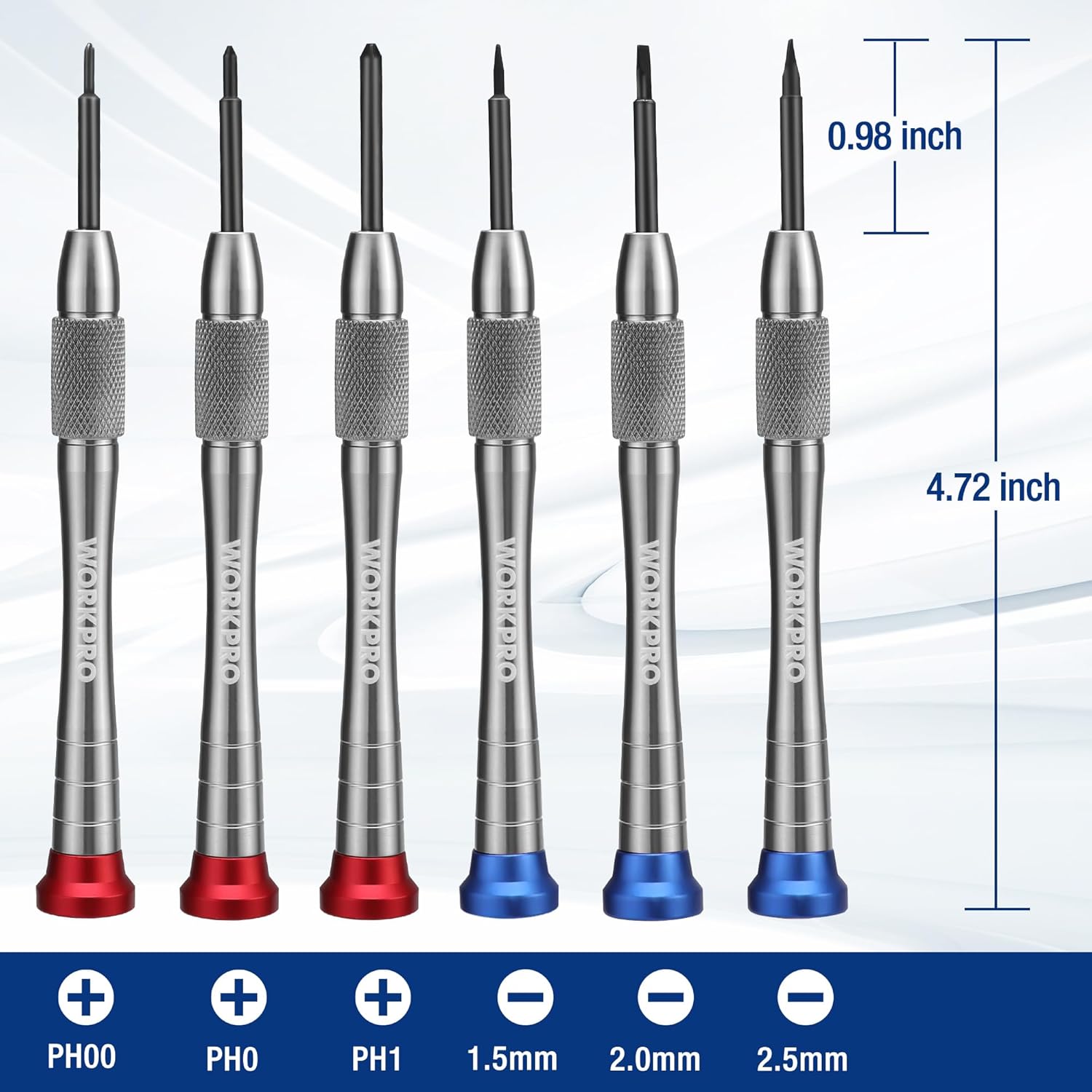 Six-piece precision screwdriver bit set with textured handles and color-coded metal heads