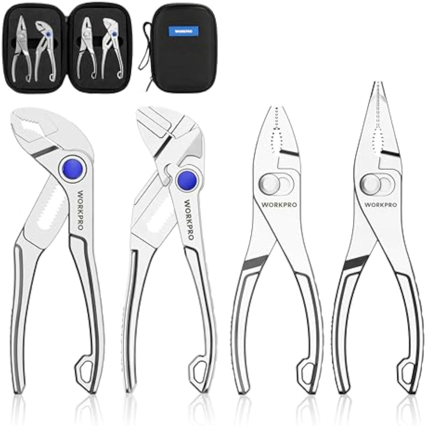 WORKPRO 4-Piece Mini Pliers Set with Pouch, Includes 4-Inch Plier Wrench & Slip Joint & Water Pump Pliers & 4.5-Inch Long Nose Slip Joint Plier, Adjustable Pliers/Pocket Plier/EDC Tool Gift for Man
