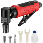 WORKPRO red pneumatic right angle die grinder with included collets, keys, and lubricant bottle