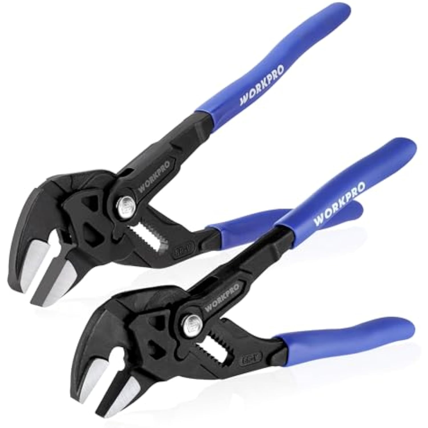 Pair of adjustable plier wrenches with black jaws and blue handles on a white background