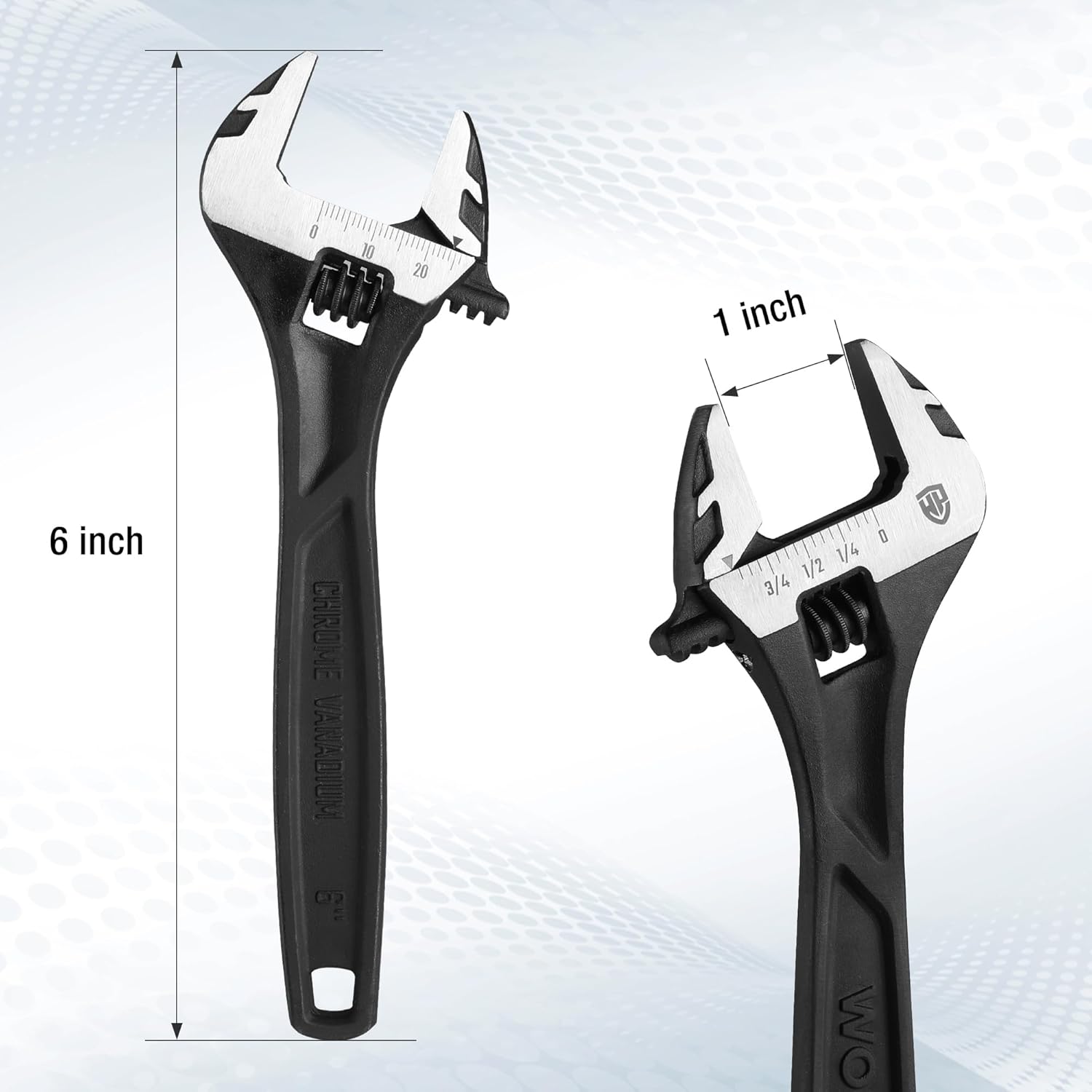 Black 6-inch adjustable wrench with measurement scale on the open jaw.