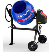 Compact electric cement mixer with blue drum, black frame, and right-side motor control box