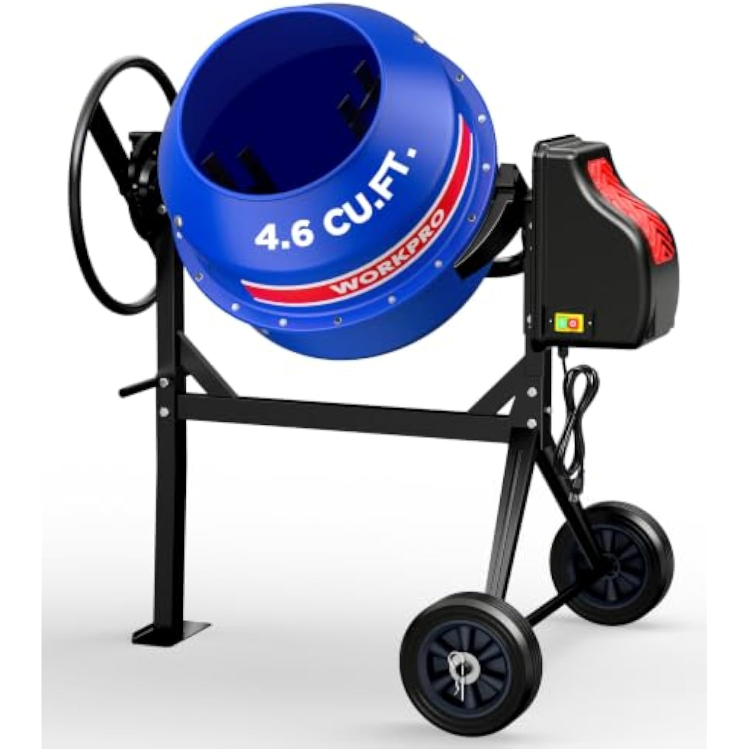 Compact electric cement mixer with blue drum, black frame, and right-side motor control box
