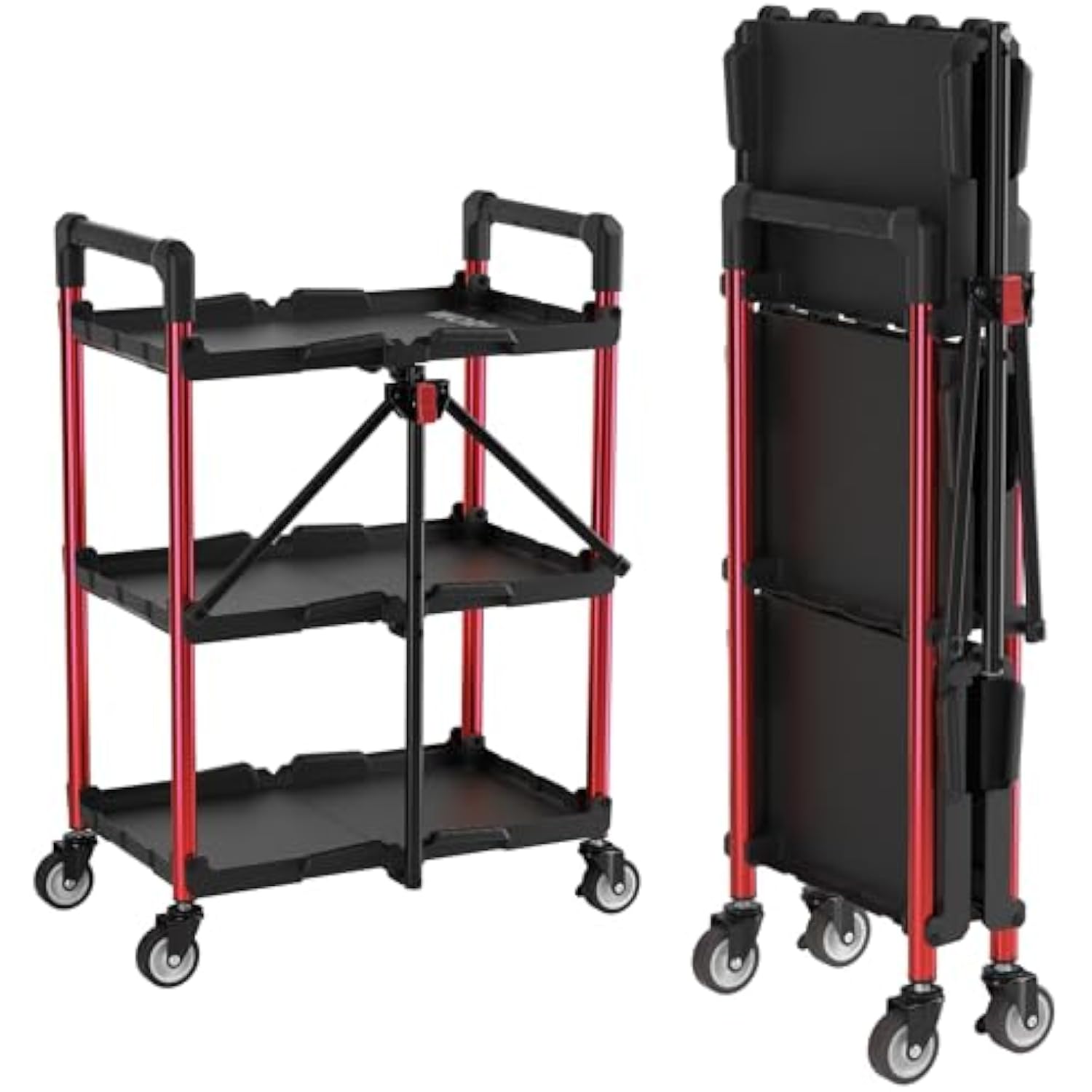 Collapsible 3-tier service cart, black shelves with red frame, wheels, shown folded and unfolded.