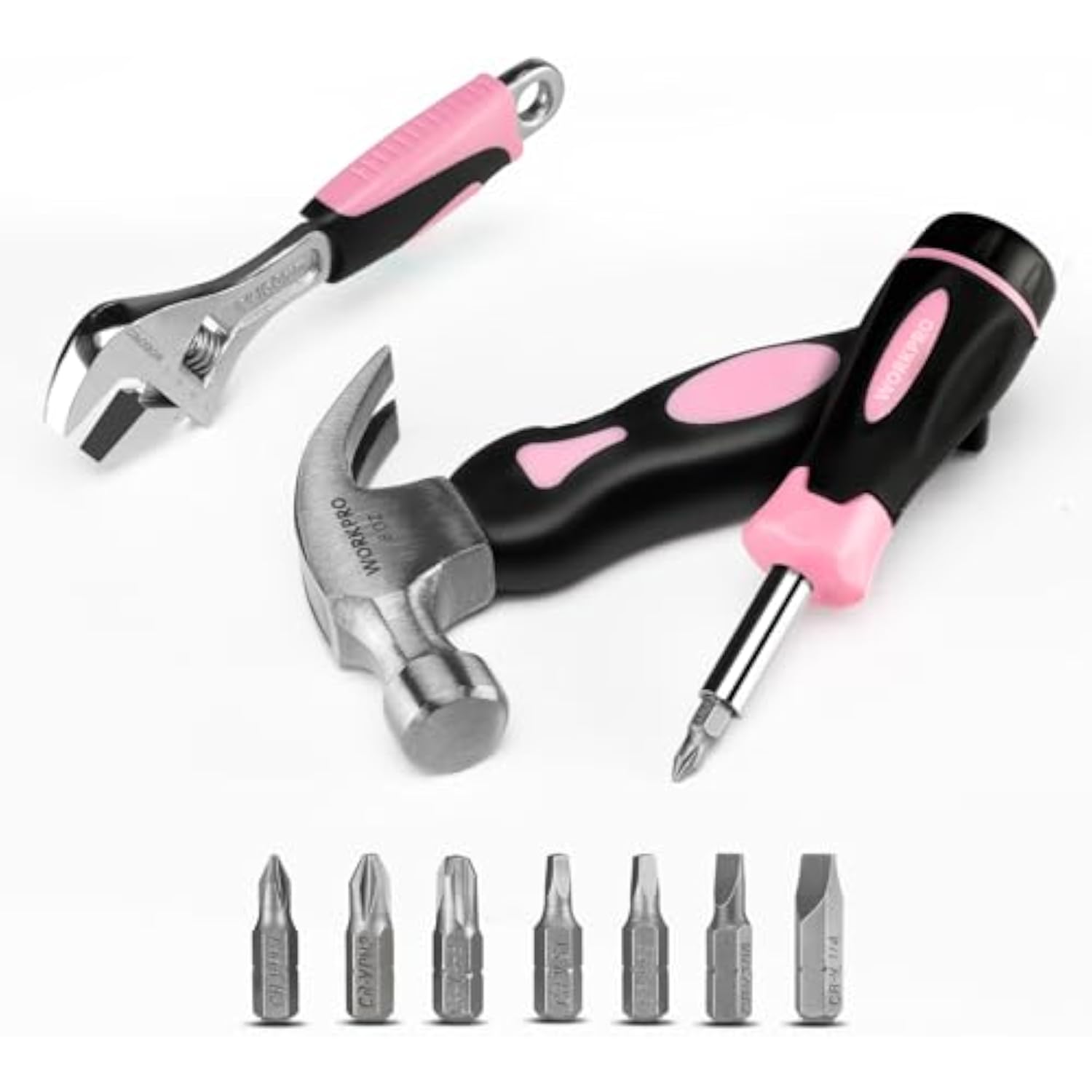 Pink and black screwdriver and adjustable wrench tool kit with included metal bits