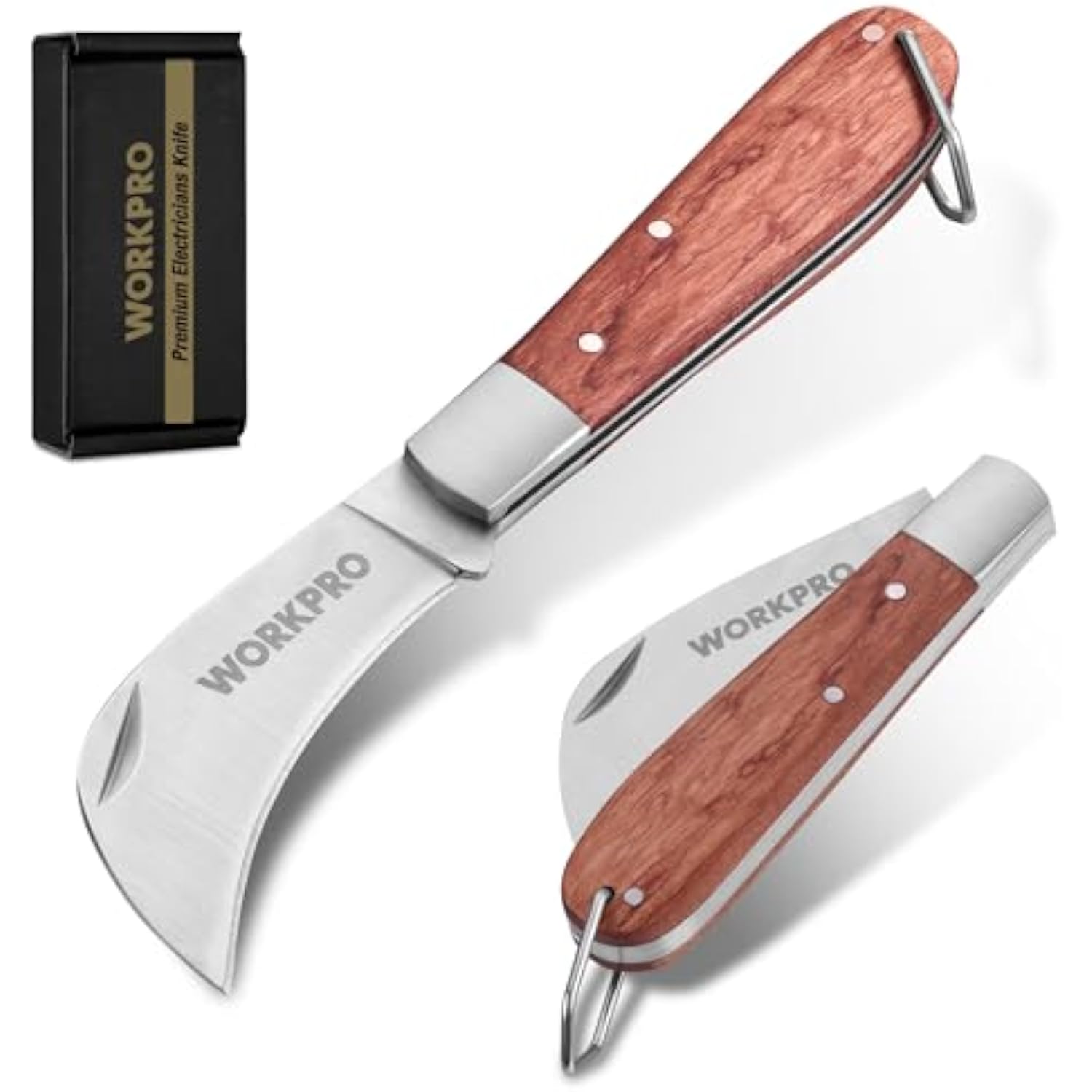 Folding utility knife with wood handle, curved blade, lanyard ring and box