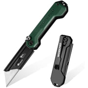 WORKPRO mini folding utility knife with green handle, open blade and closed clip