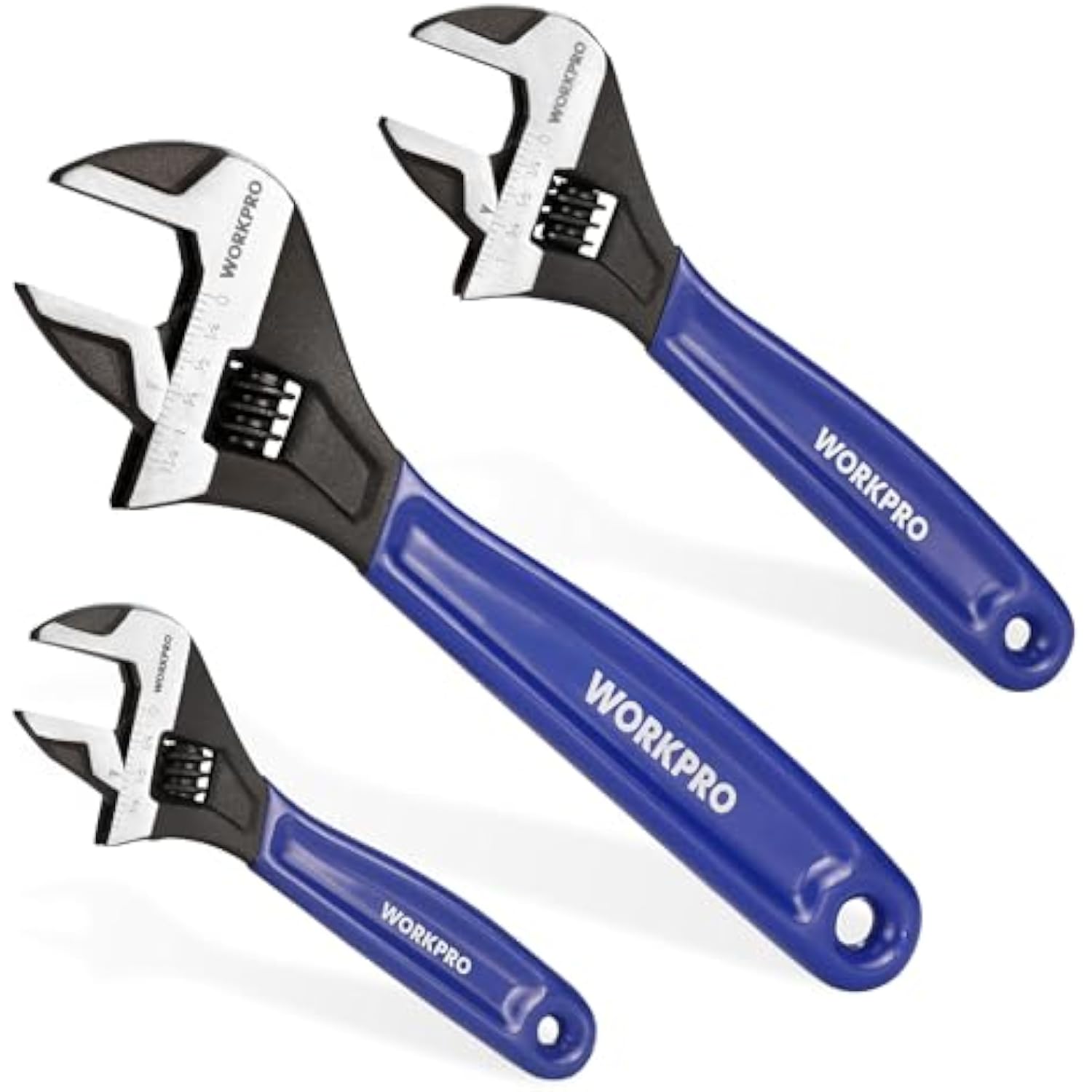 Three adjustable wrenches with blue handles and black jaw heads