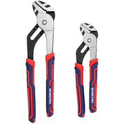 Set of two adjustable groove joint pliers with red/blue handles and silver jaws