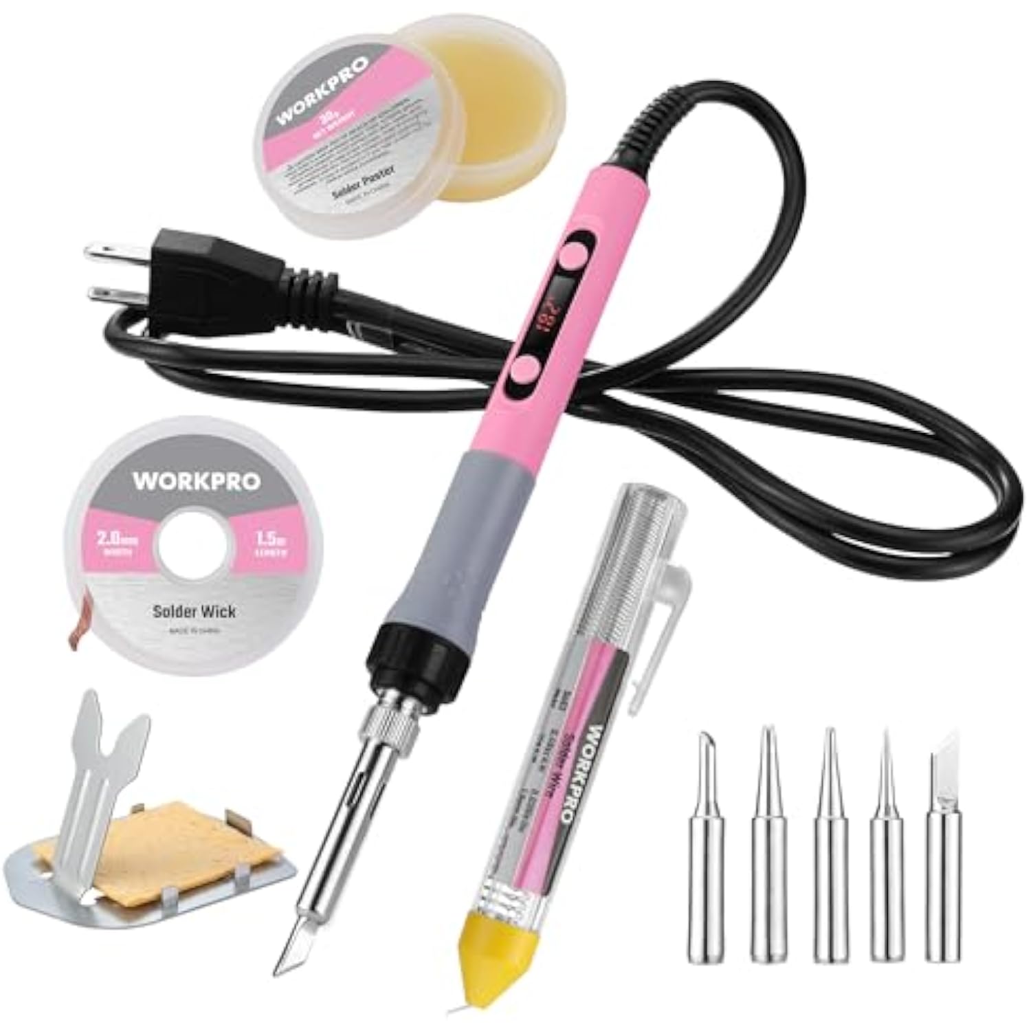 WORKPRO Soldering Iron Kit, 90W Soldering Gun with Digital Display, Iron Tips, 11-in-1 Adjustable Temperature Welding Kit for Electronic Repair, DIY Enthusiasts(110V US Plug,Pink)