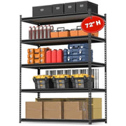 5-tier storage shelving unit with steel frame and particle board shelves holding boxes and bins