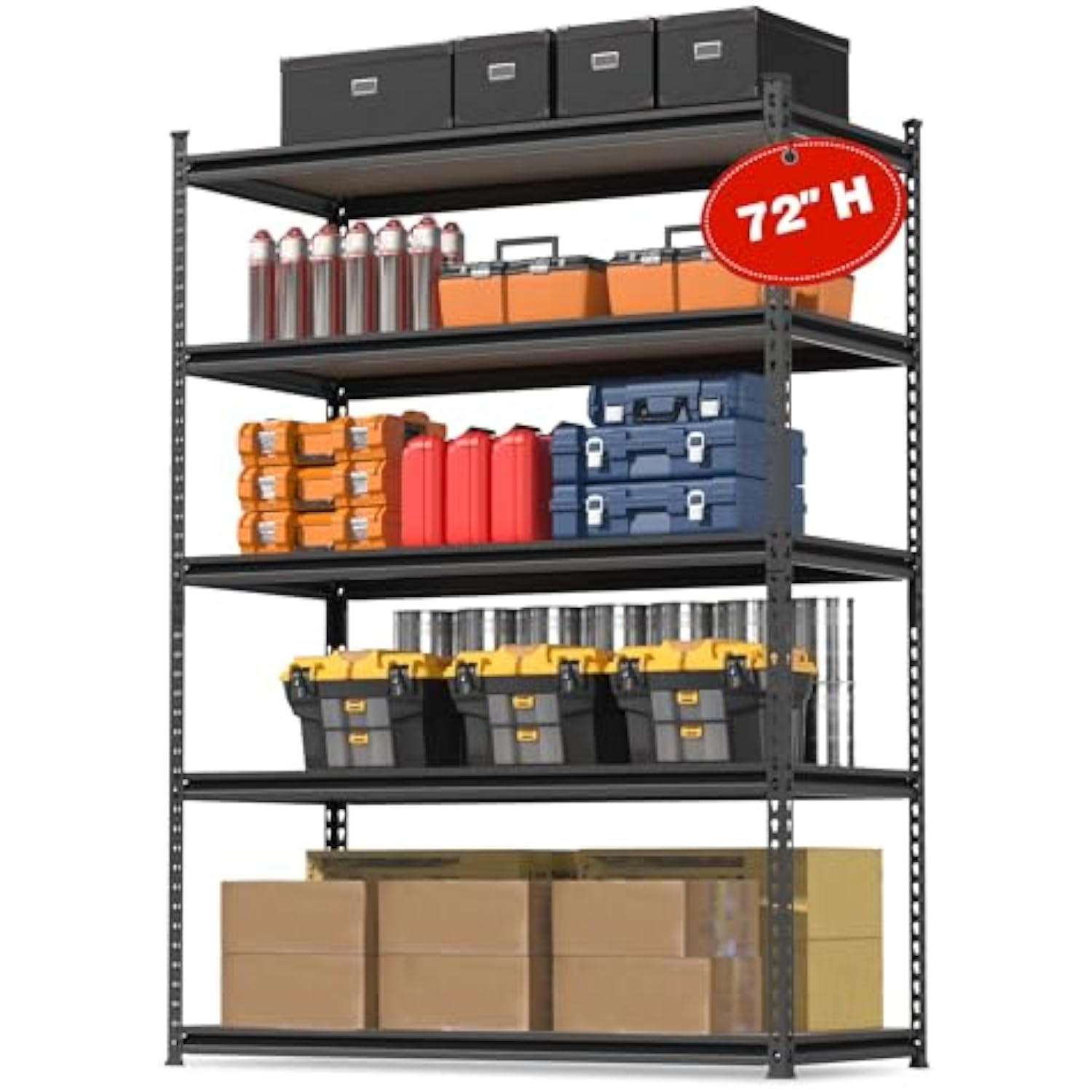 5-tier storage shelving unit with steel frame and particle board shelves holding boxes and bins