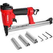 Pneumatic staple gun with red body and loose staple strips shown alongside the tool