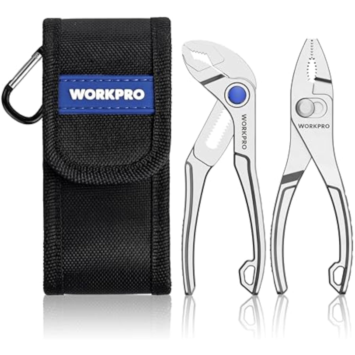 Black pouch with two WORKPRO mini pliers: water pump and slip joint, blue accents