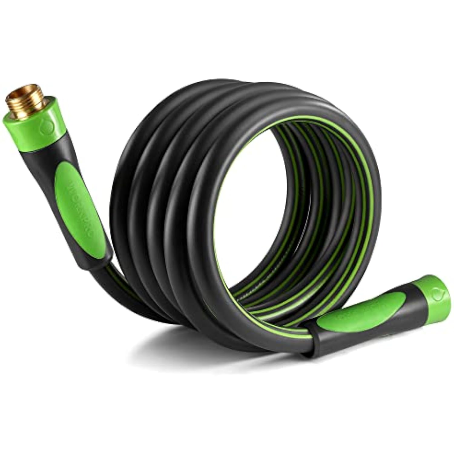 Coiled garden hose with green handle and brass connector on dark flexible tubing