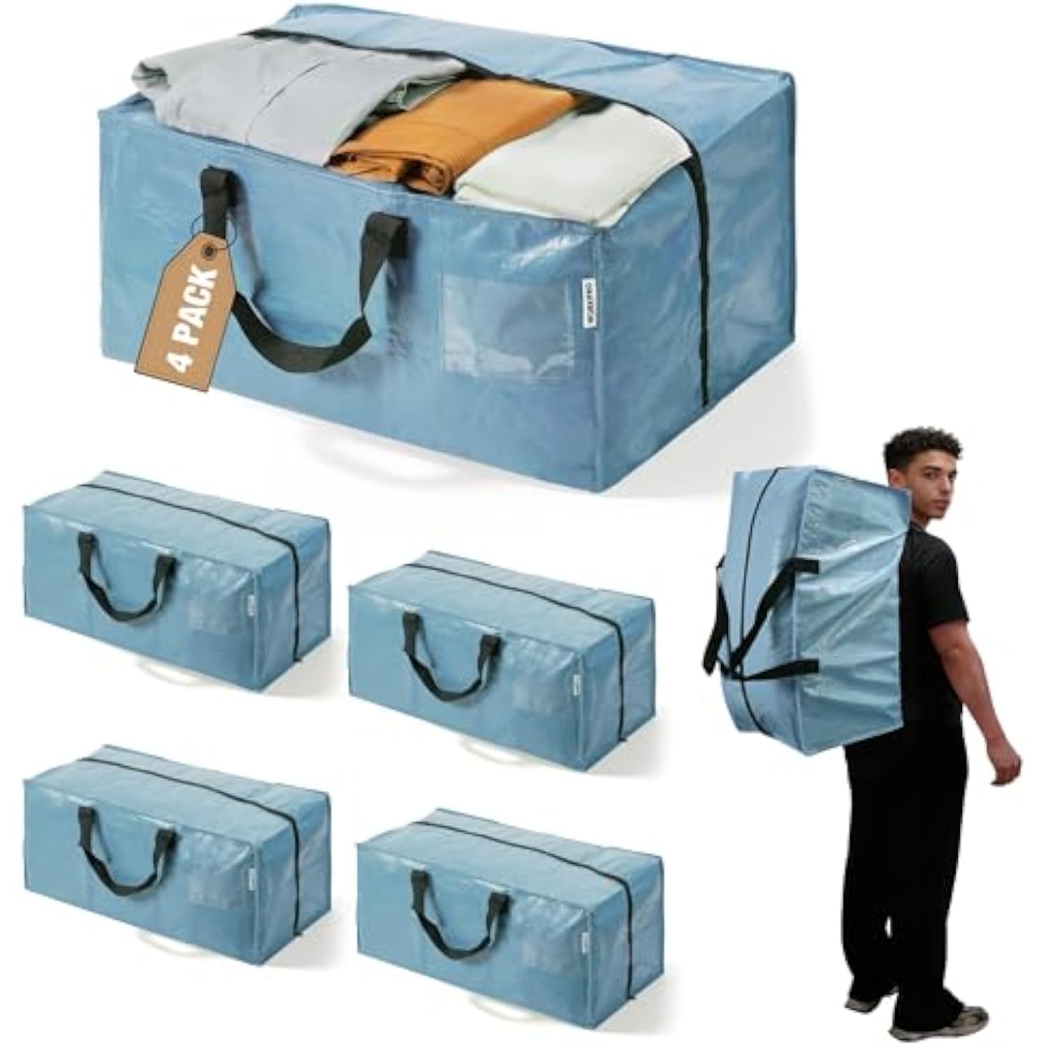 Dusty blue 4-pack extra-large storage totes with zipper tops and black handles.