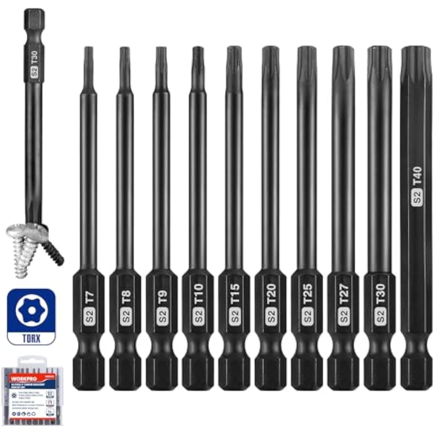 WORKPRO 10pcs Security Torx Bit Set, CNC Machined S2 Steel Star Bit Set, 3