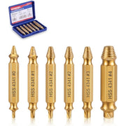 Six gold HSS 4341 screw extractor drill bits with #0 to #4 markings in a row