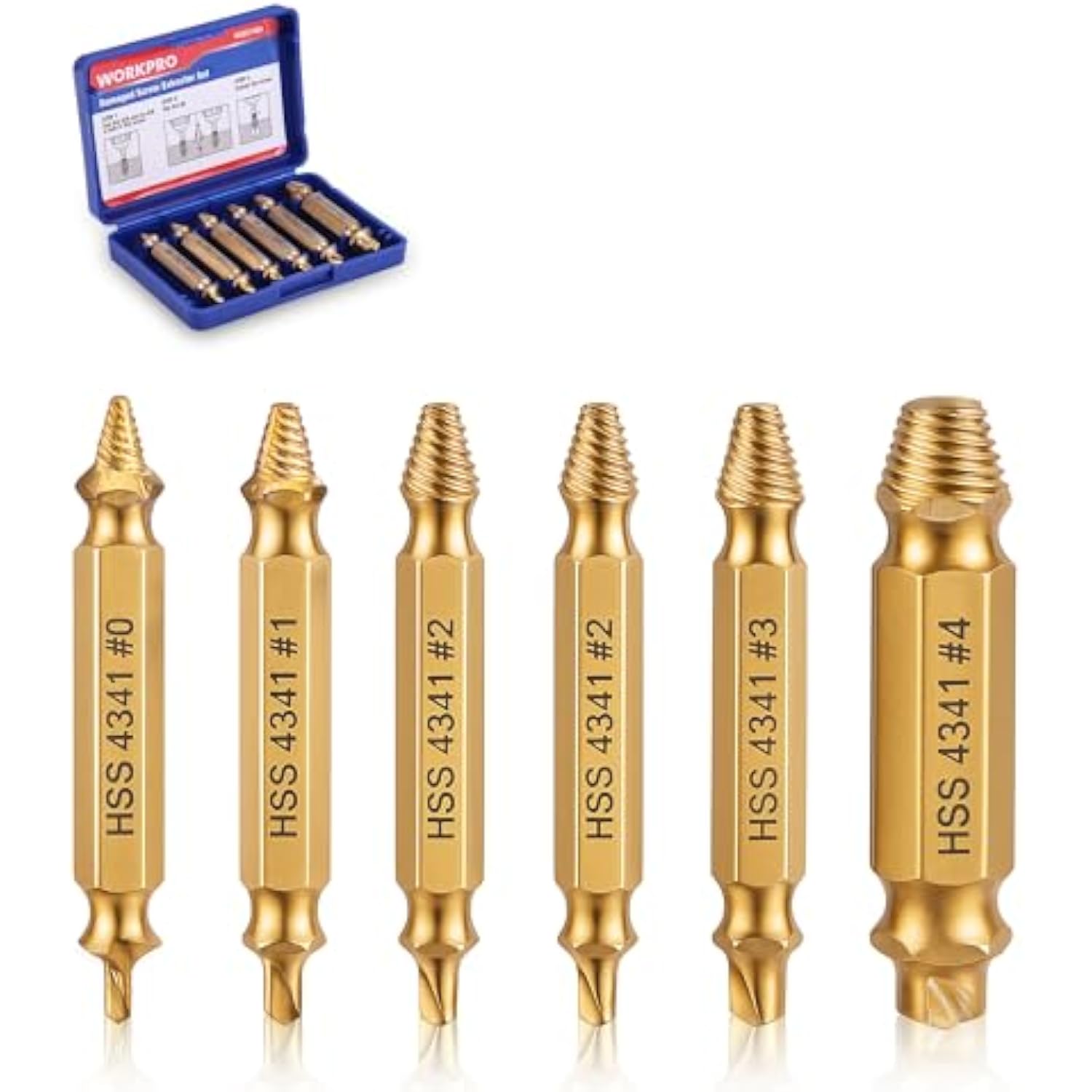 Six gold HSS 4341 screw extractor drill bits with #0 to #4 markings in a row