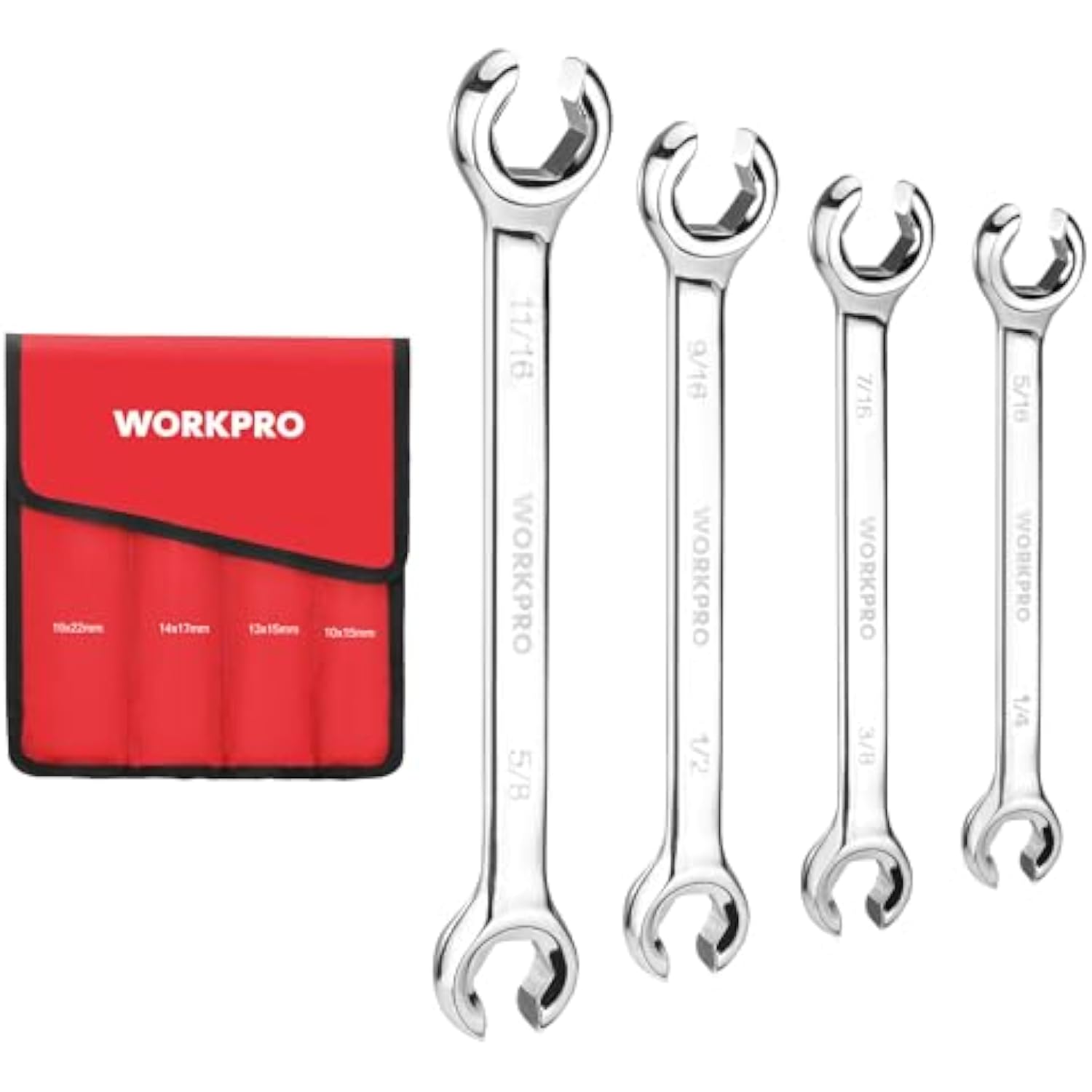 Chrome SAE flare nut wrenches with an included red storage pouch