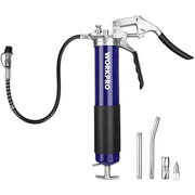WORKPRO pistol grip grease gun set with flexible hose, blue barrel, and metal nozzles