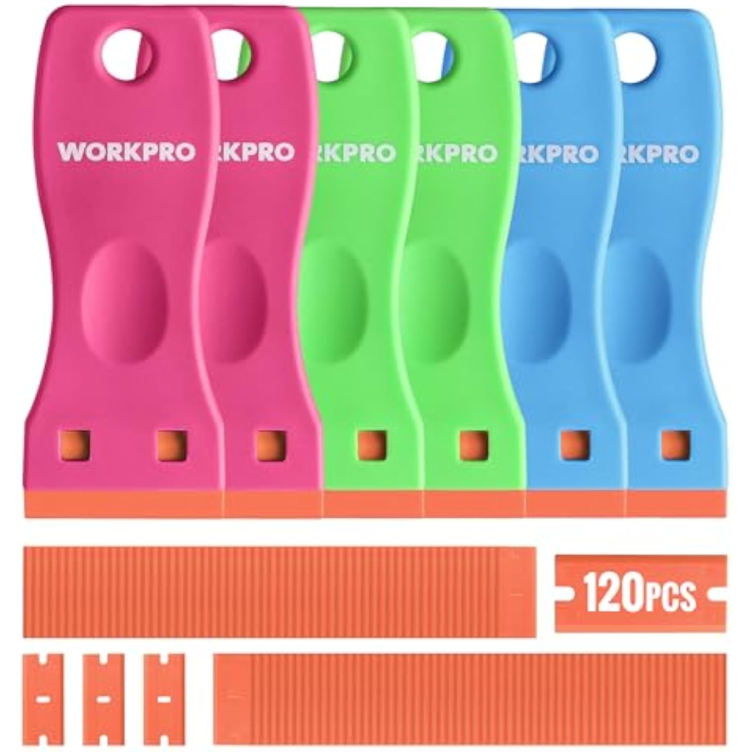 Four-color plastic razor scraper blade holders in pink, green, and blue with 120-count blades