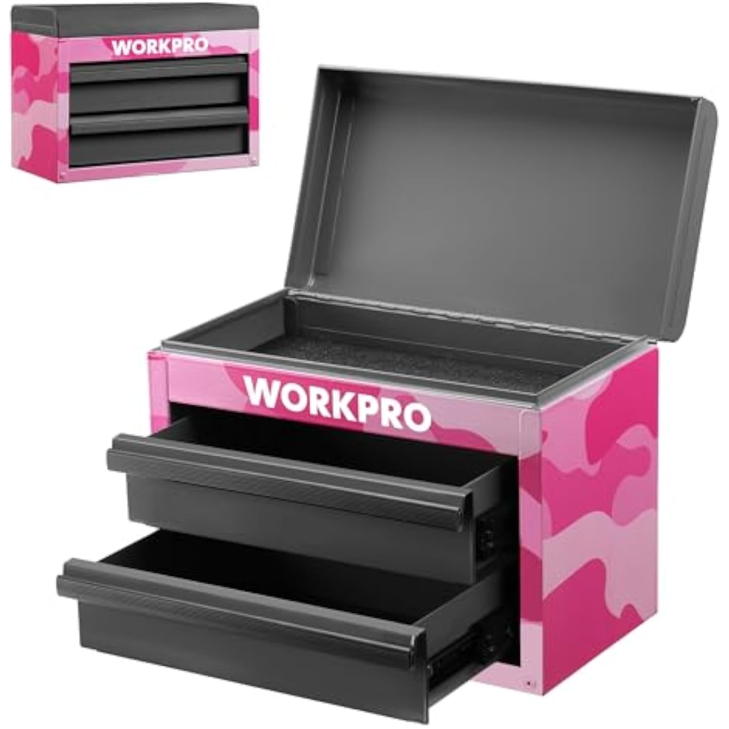 WORKPRO Metal Mini Tool Box, Top Tool Chest containing Two Drawers with Ball Bearing Slides, PVC Drawer Liners and PP Feet Pads, Cold Rolled Steel Small Toolbox for Multi-Purpose Storage - Pink Ribbon