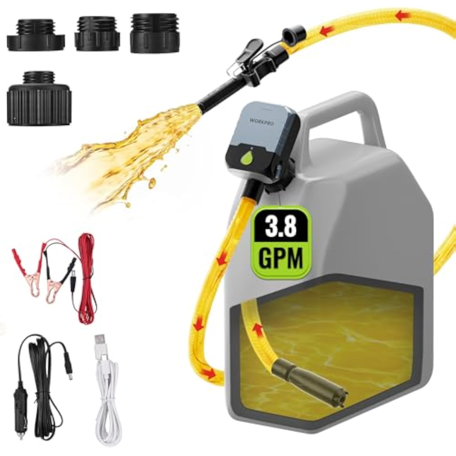 WORKPRO Electric Fuel Transfer Pump with Auto-Stop, 3.8 GPM Gas Can Pump with 4 Power Options & 4 Size Adapters, 51