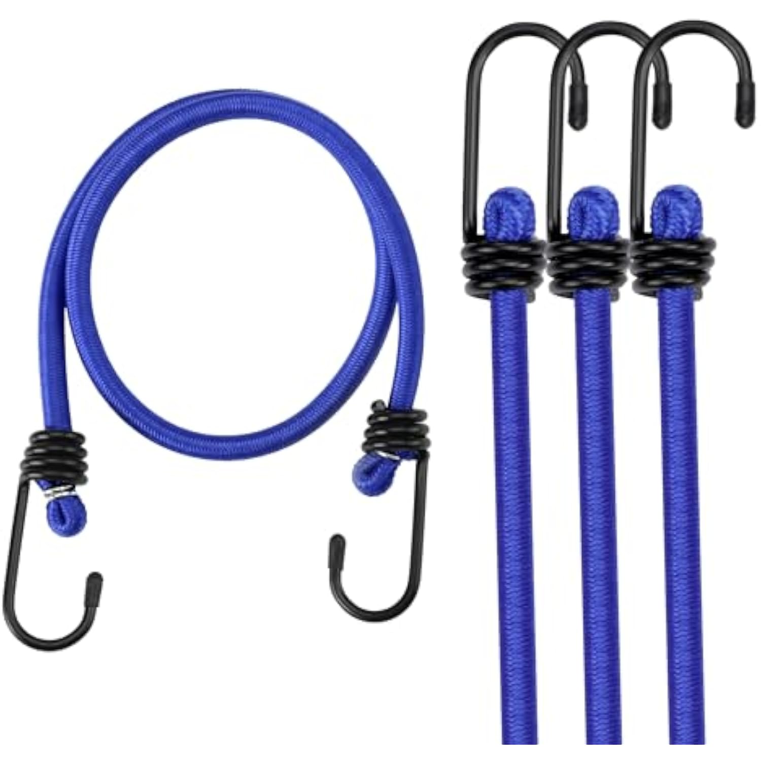 Blue bungee cord set with black hooks; bundle with multiple cords shown together