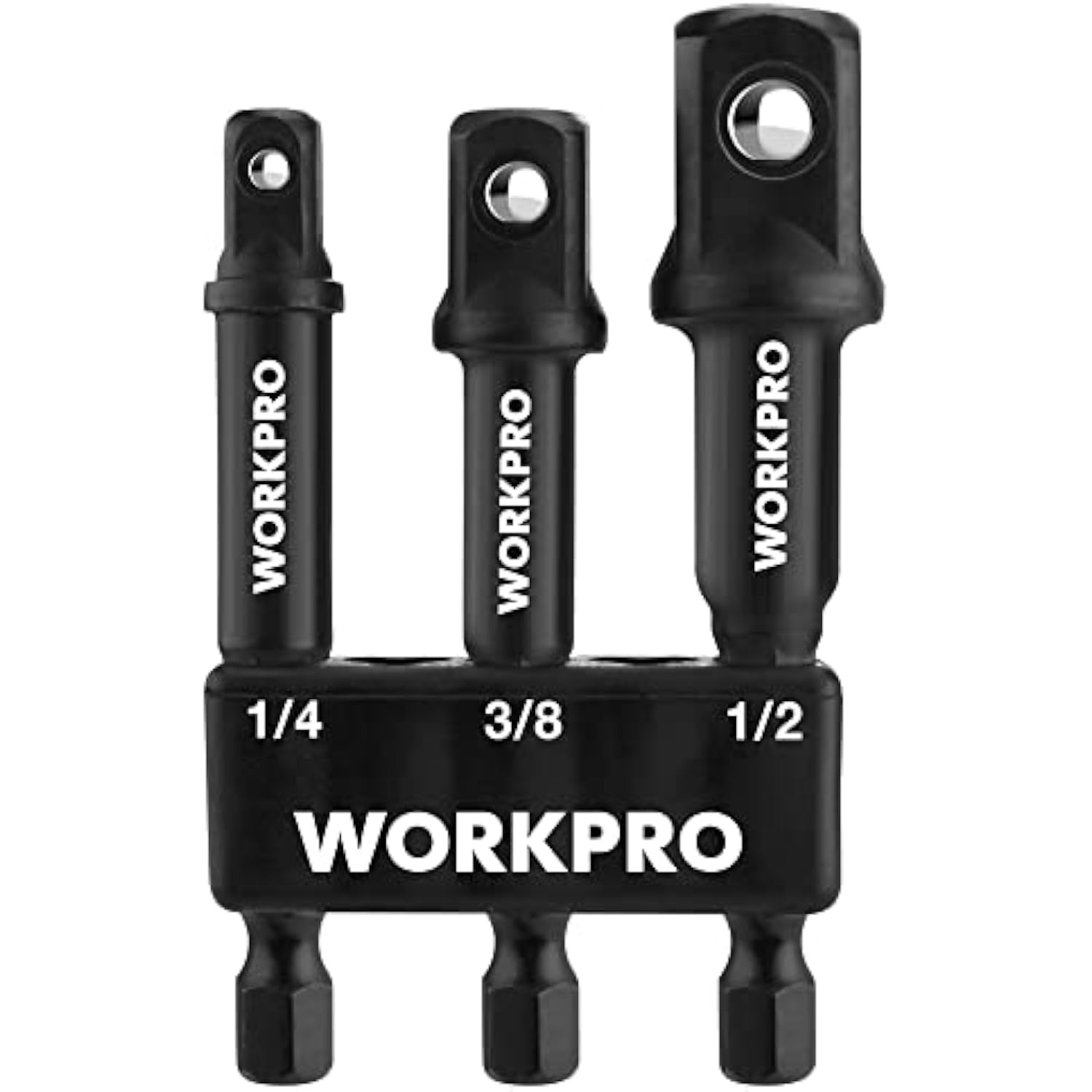 3 socket adapter extensions on a single holder: 1/4, 3/8, and 1/2 hex shank