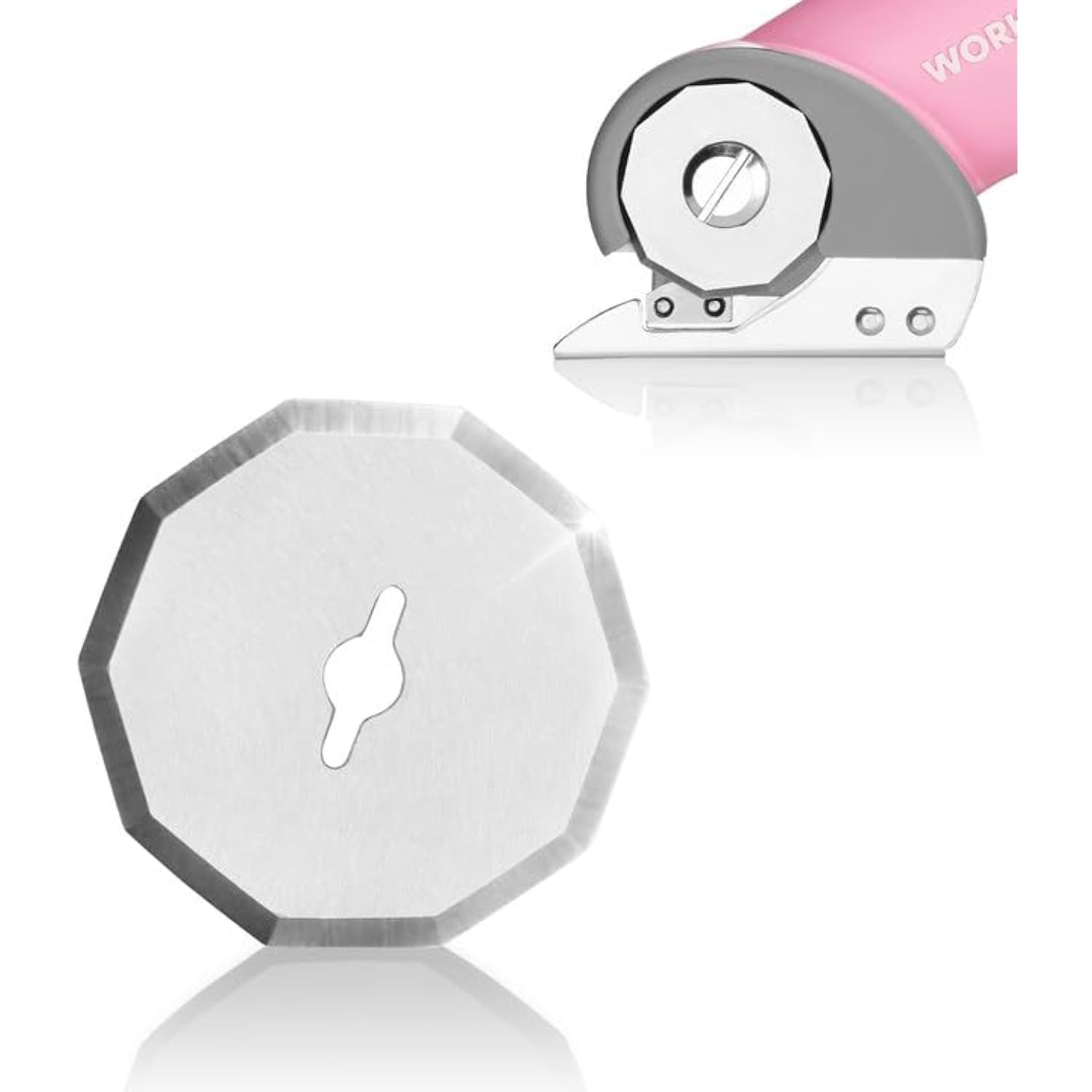 Steel rotary replacement blade disc with cutout, shown with pink cordless scissor