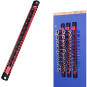 Red magnetic socket organizer rail with black clips, shown beside stored socket set