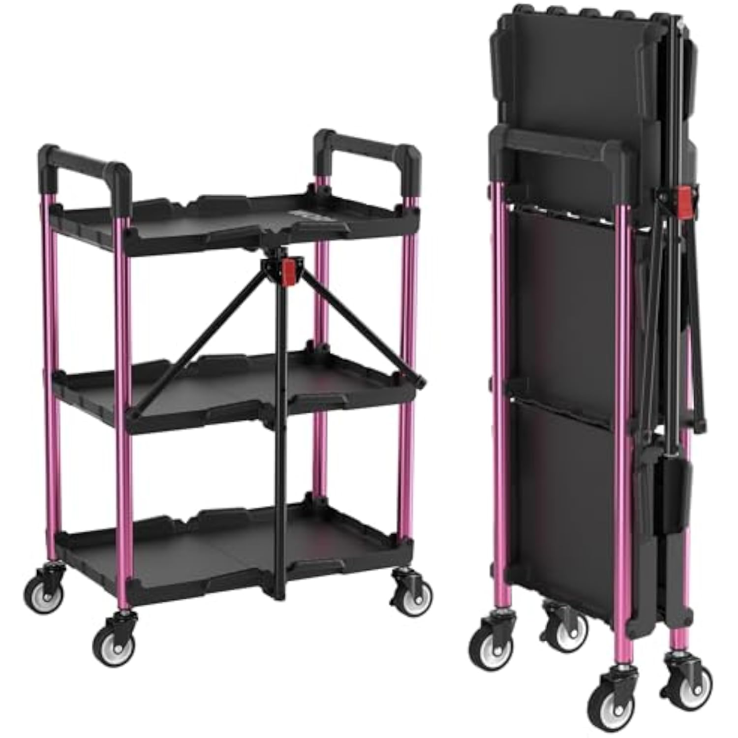 3-tier service cart in black with pink frame: unfolded shelves and folded upright storage view
