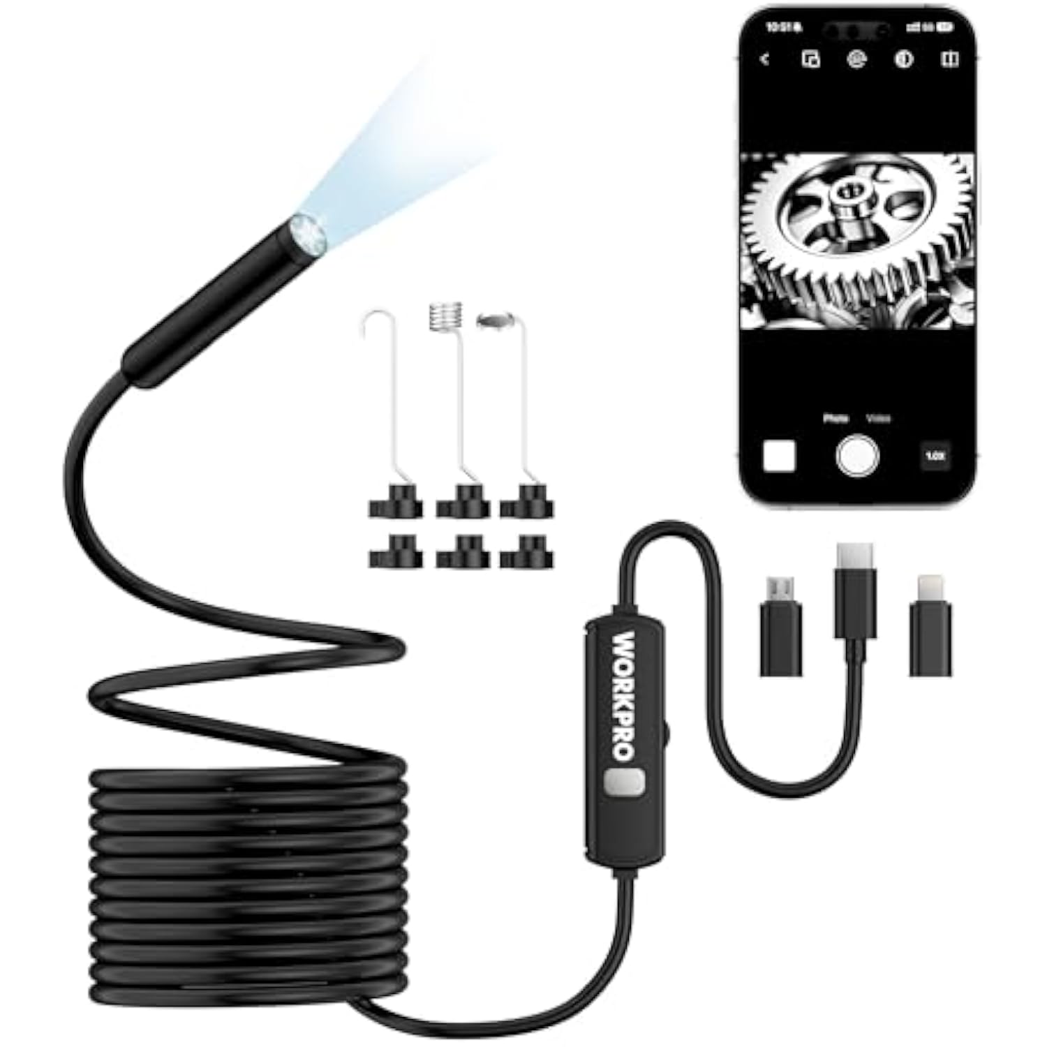 Wireless endoscope camera with coiled cable, multiple tips, and phone display