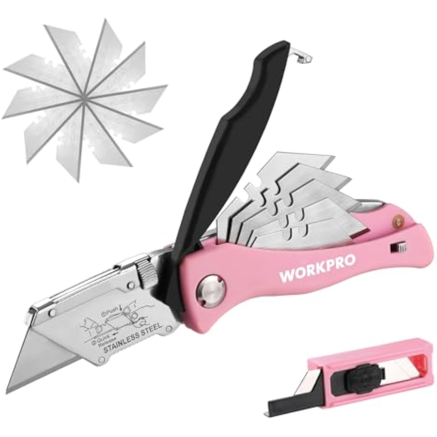 WORKPRO Folding Utility Knife, Quick Change Box Cutter, Pink Razor Knife - Pink Ribbon