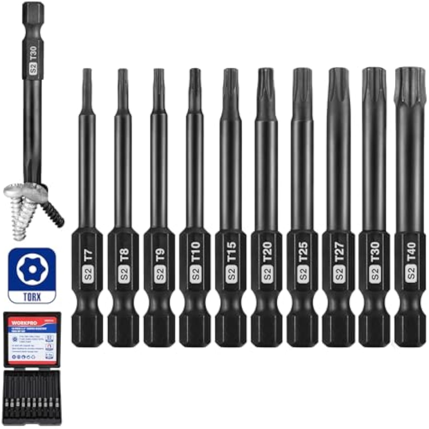 Tamper-resistant Torx bit set lineup of 10 S2 steel star bits with small storage case