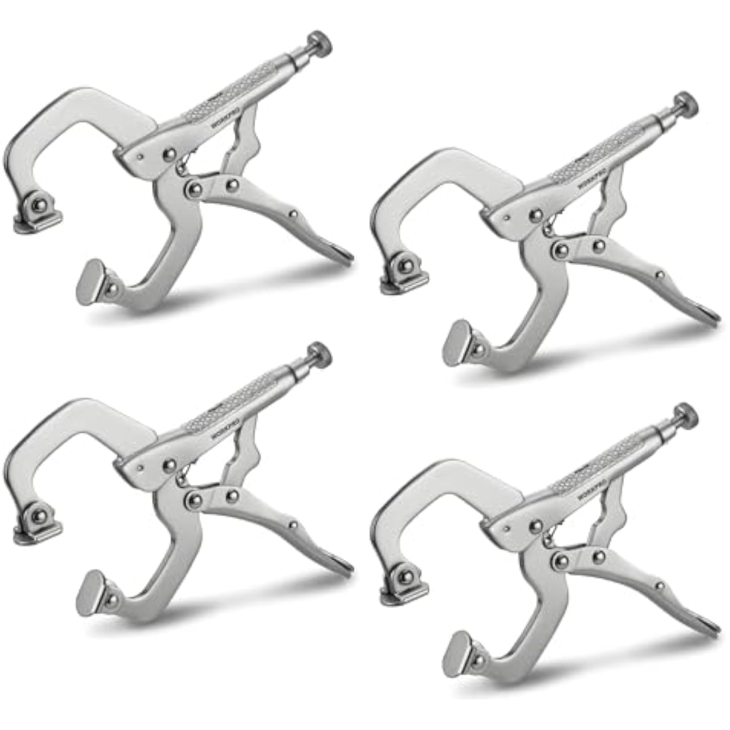 Four-view set of swivel-pad locking C-clamps with adjustable screws and gray handles