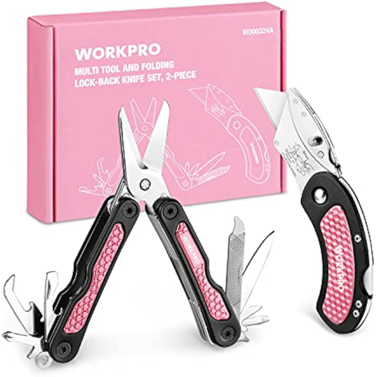 Pink WORKPRO multi-tool set box with two folding knives and textured pink grips