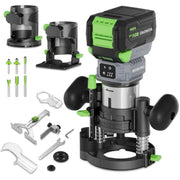 Cordless compact router tool with base, straight base, guides, and bit accessories