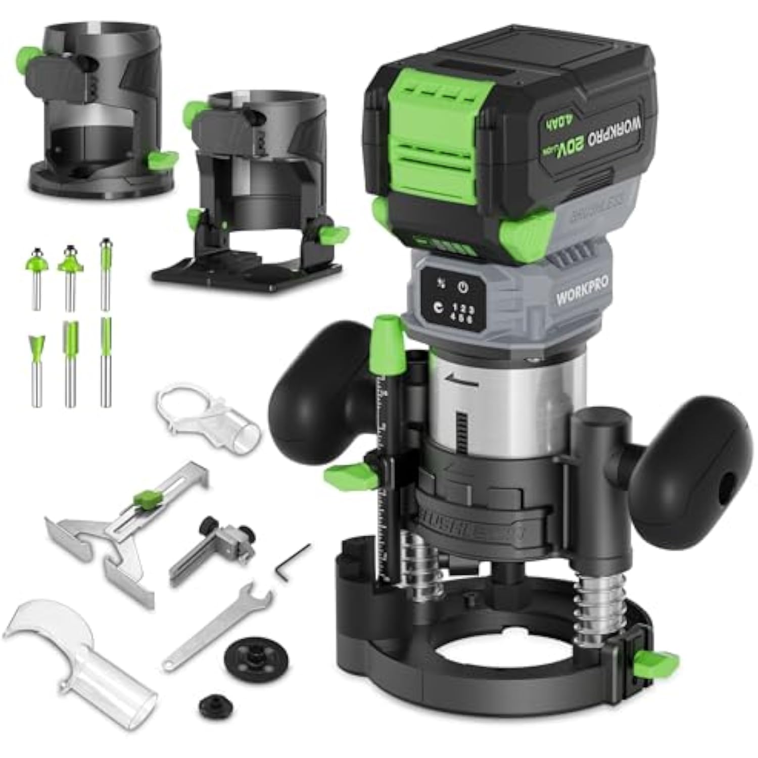 Cordless compact router tool with base, straight base, guides, and bit accessories