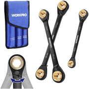 Blue storage bag with three crossed reversible ratcheting wrenches and gold sockets.