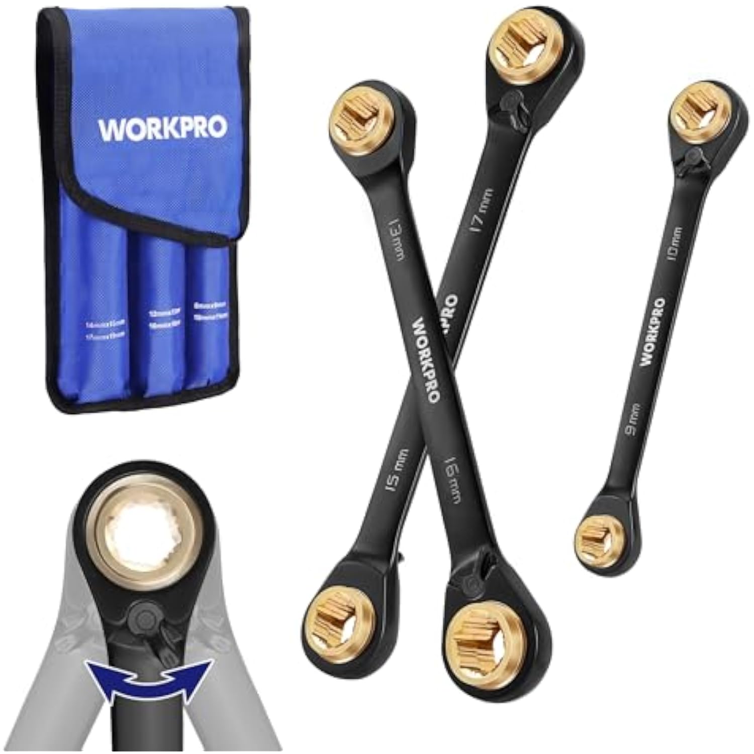 Blue storage bag with three crossed reversible ratcheting wrenches and gold sockets.