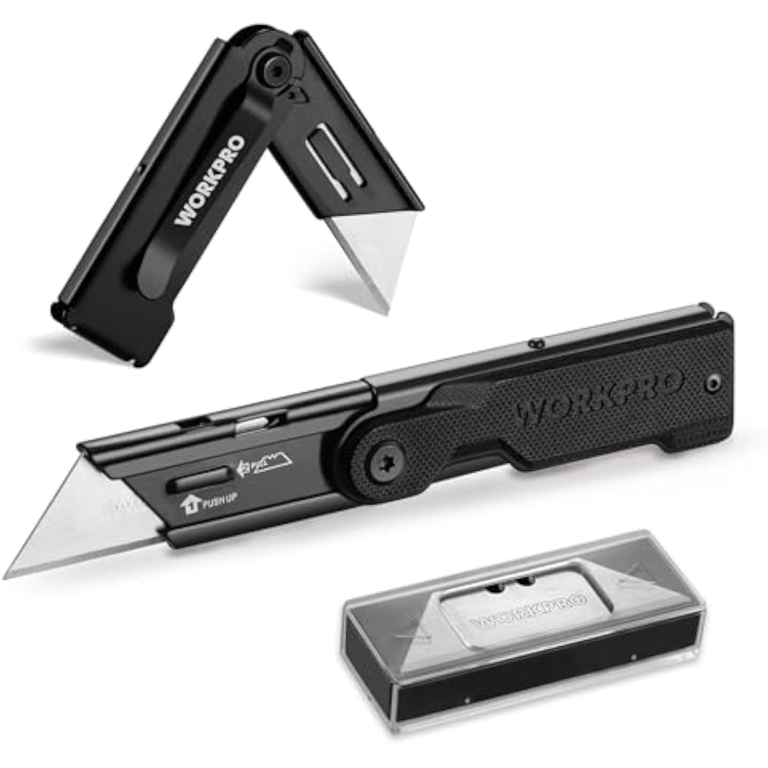 WORKPRO Folding Utility Knife with 10 Extra SK5 Blades, EDC Razor Sharp Knife with G10 Handle, Quick Change Box Cutter with Belt Clip, for Heavy Duty, DIY, Home, Office & Artcraft Use - Black
