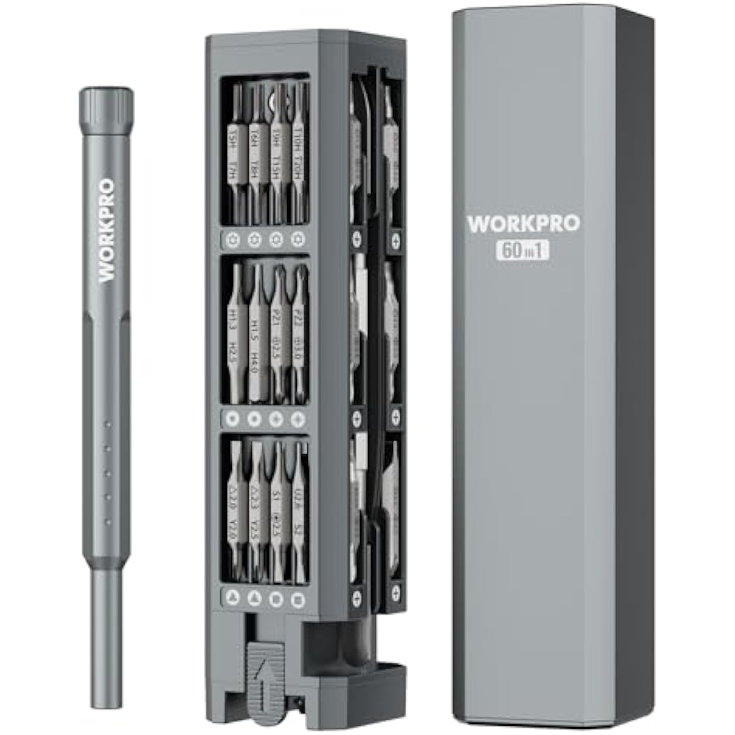 WORKPRO 60-in-1 precision screwdriver set with open bit case and separate driver