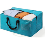 Blue extra-large storage tote with zip top and black carry handles, holding folded items