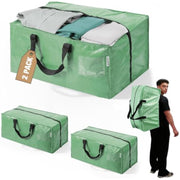 Green moving bags set with black handles, zipper top; stacked and folded