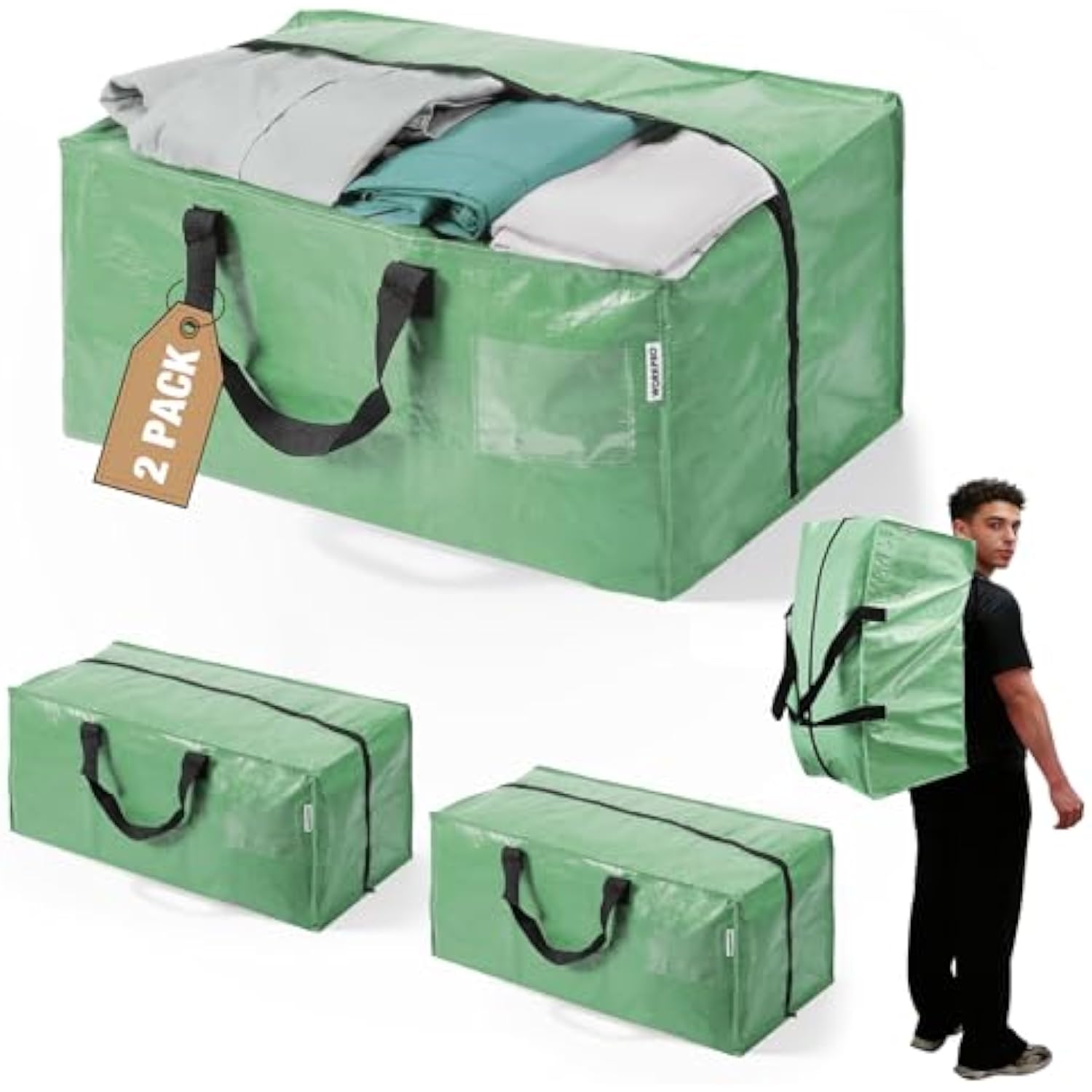 Green moving bags set with black handles, zipper top; stacked and folded